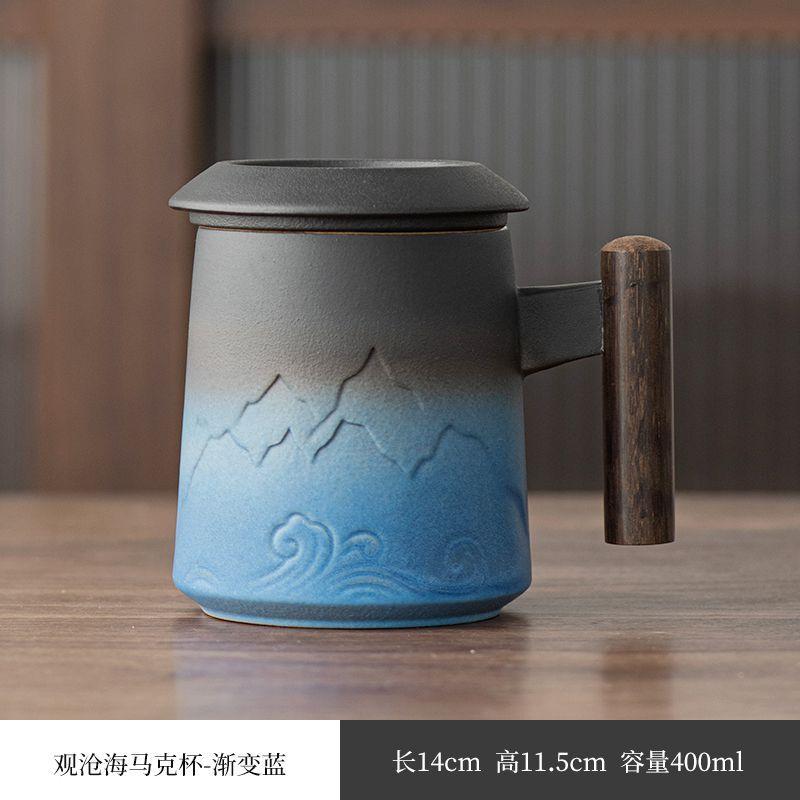 Handcrafted Ceramic Tea Mug with Infuser and Lid – 400ml Heat-Resistant Cup with Wooden Handle, Artistic Mountain Design