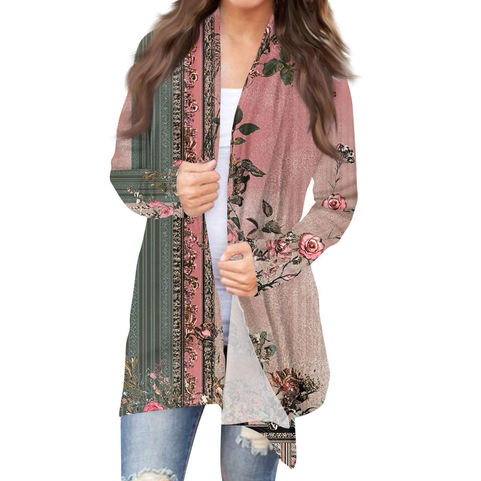 

Женская мода повседневная винтажная цветочная набивная куртка-кардиган средней длины XL арбуз красный