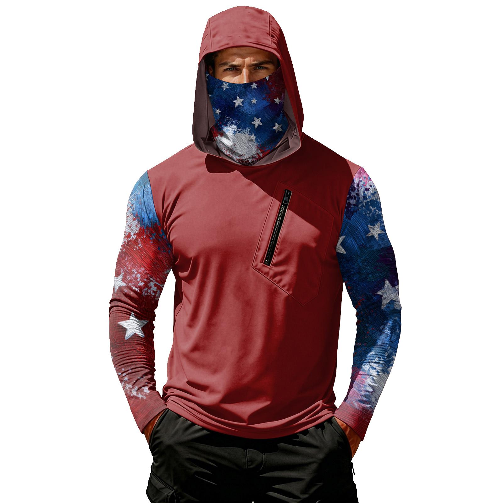 

Men s Long Sleeve Hooded Shirt with Star Print Breathable Fabric Chest Zipper Pocket and Face Cover for Outdoor Activities S