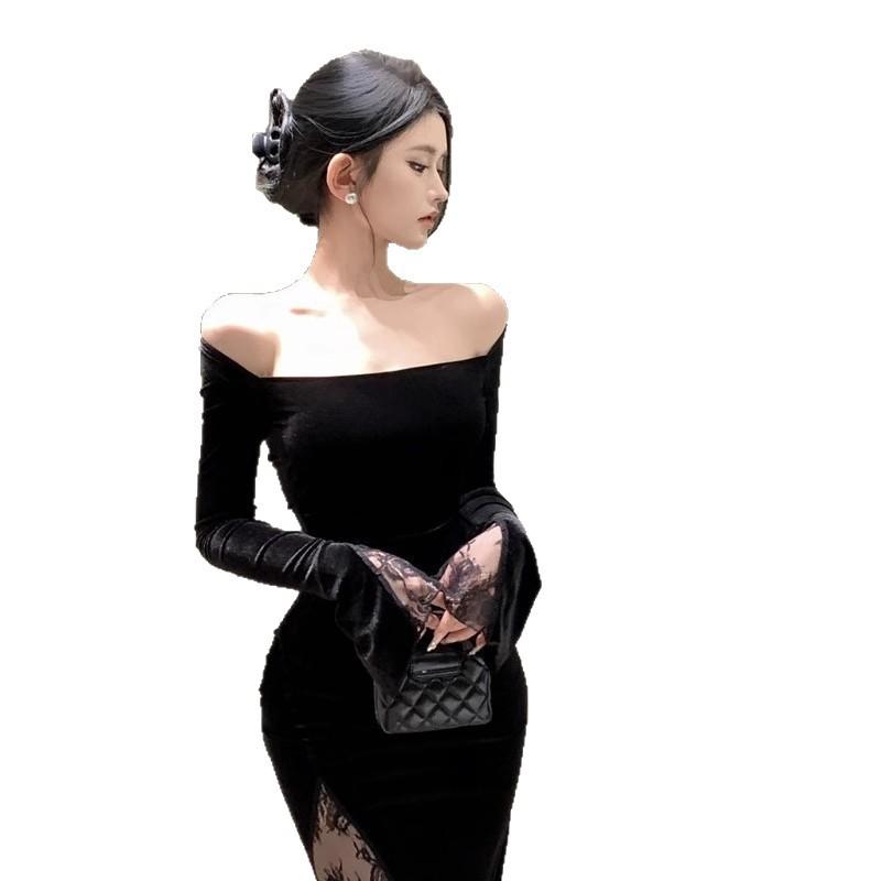 French temperament long-sleeved velvet one-word shoulder dress women's autumn and winter senior sexy hip-wrapped fishtail dress dress