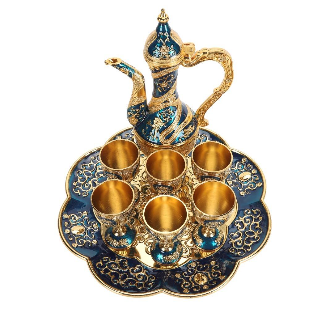 8pcs With Tea Tray Vintage Tea Set Zinc Alloy Tea Pot Cup Set Tea Sets Tea Glass Set For Wedding