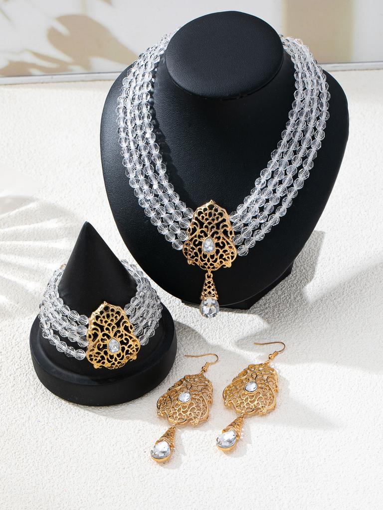 Retro Classic Hollow Rhinestone Inlaid Necklace Fashion Temperament Light Luxury High Sense Bracelet Set