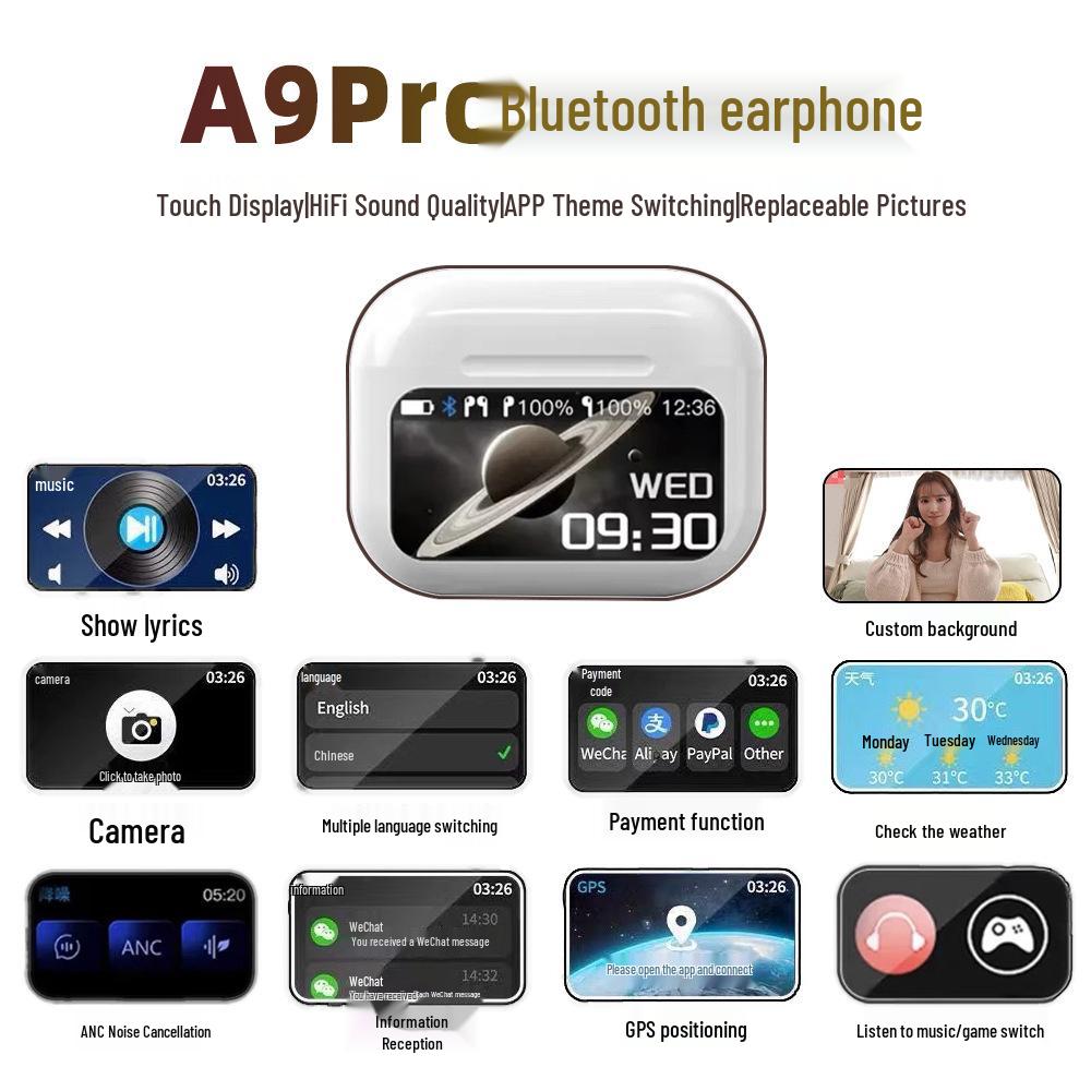 A9Pro ANC Bluetooth 5.4 Wireless Sport Earphones with Touchscreen & Noise Cancelling