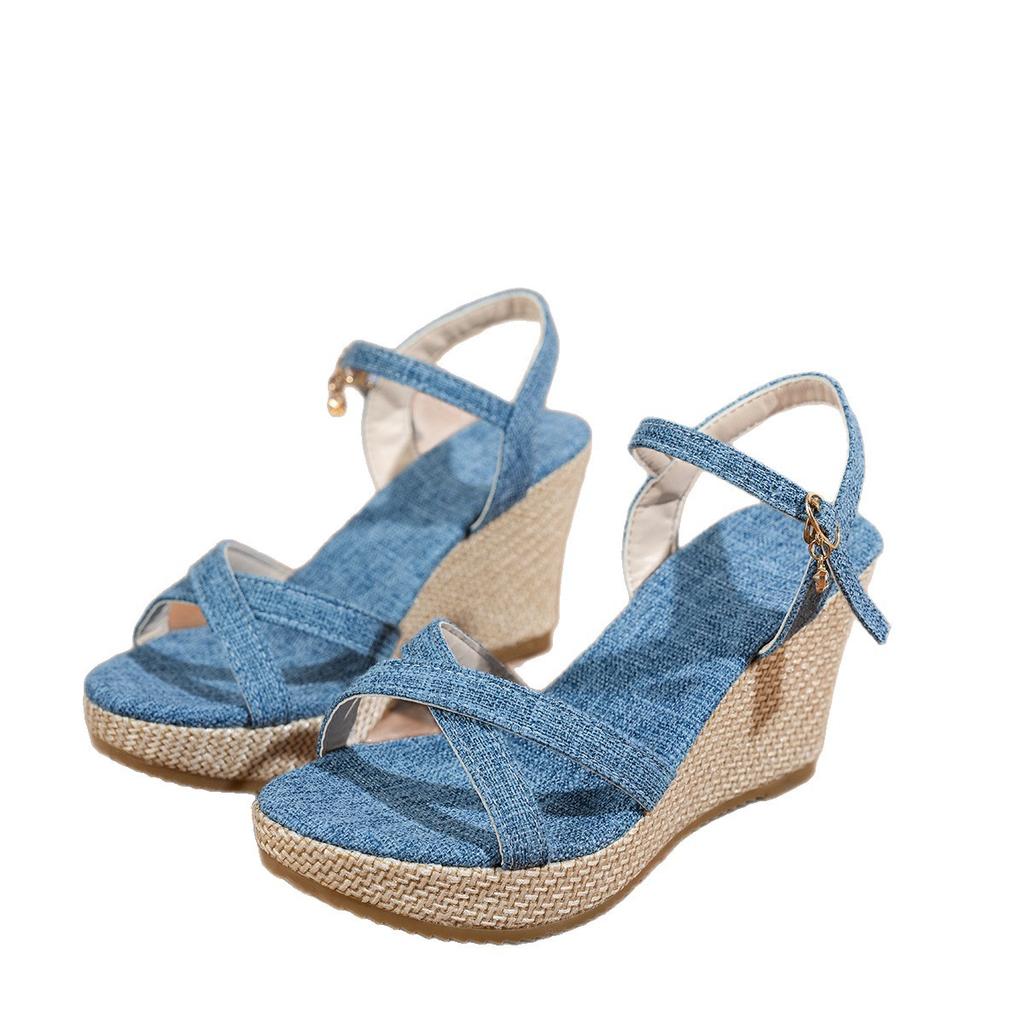 Large Size Thick-soled Wedge Heel One-word Buckle Sandals 2025 Summer New Fish Mouth Outer Wear Open-toed Beach Sandals