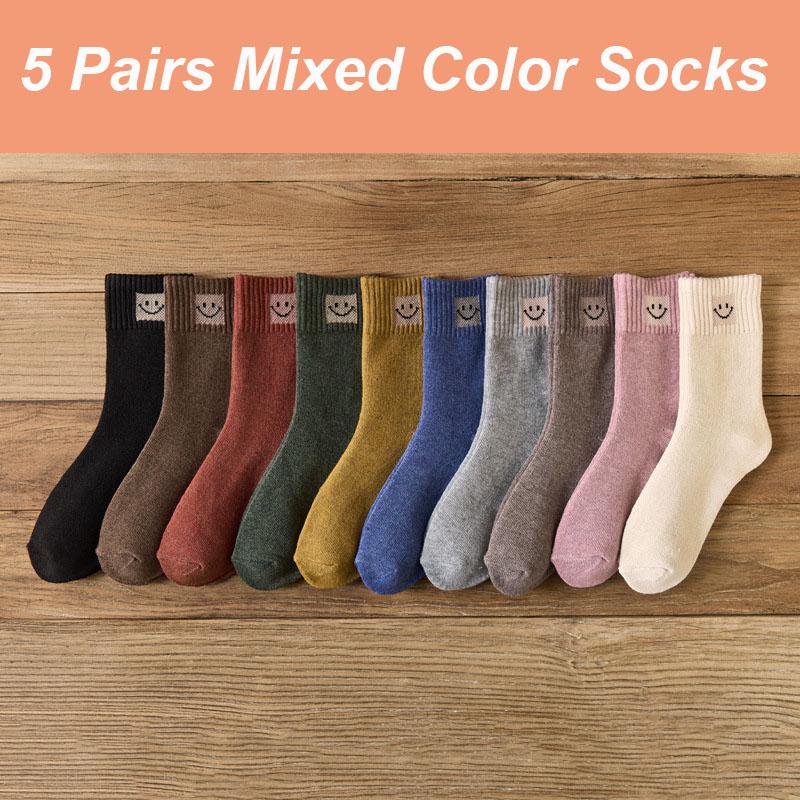 

10 цветных женских махровых носков высокого качества, осенне-зимние, утолщенные, теплые, с рисунком улыбающегося лица, носки-тапочки, теплые носки, 5 пар EU 35-40