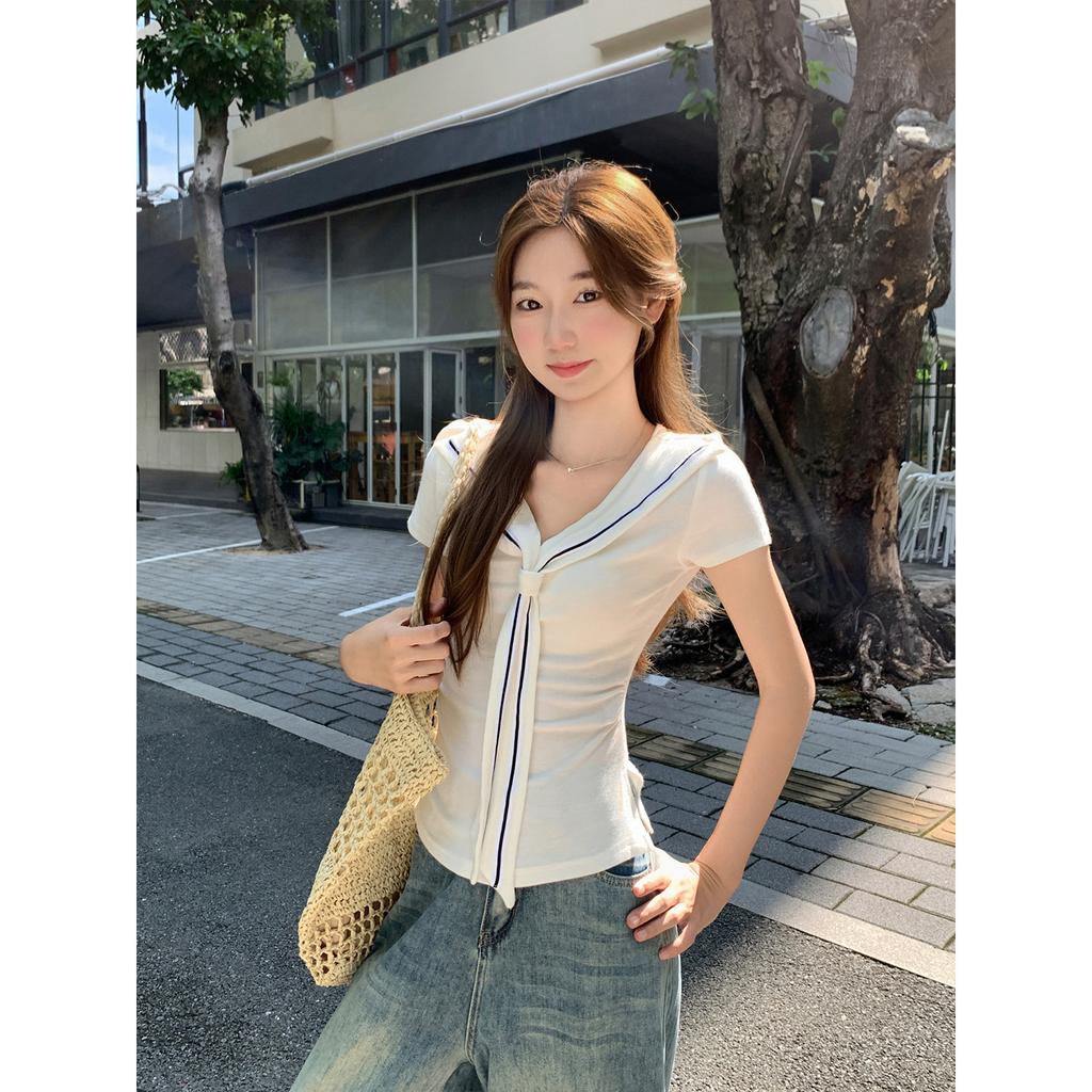 Academy Shawl Fake Two-piece Short-Sleeve T-Shirt Women's Navy Collar Slim and Skinny Summer Chic Beautiful Shirt Top
