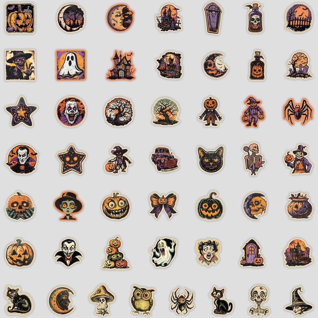 50 Retro Halloween Waterproof Stickers for Phones, Computers & Skateboards - Decorative Festival Decals