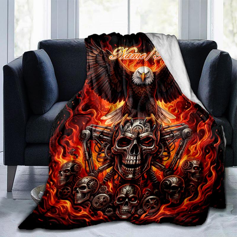 1PC Custom Name Eagle Skull Flames Artwork flannel blanket versatile,all-season throw suitable for the living room,bedroom,camping,travel,and gift