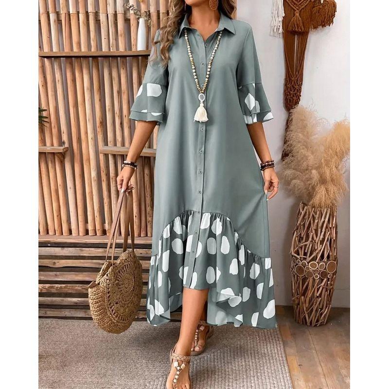 Patchwork Dress European and American 2025 Summer New Women Fashion Casual Patchwork Polka Dot Long Shirt Dress