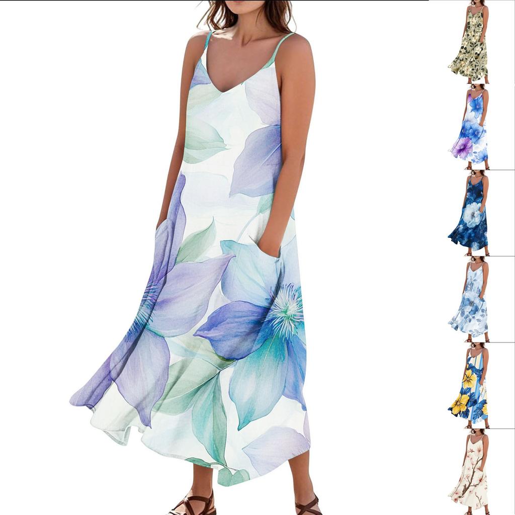 Women's Casual Tie-Dye Floral Print Sleeveless Pocket Dress