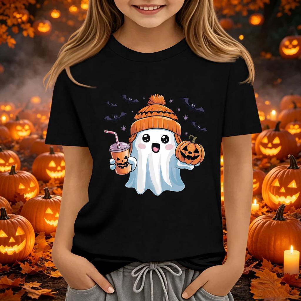 Kids Halloween Printed Short Sleeve T-Shirt Loose Fit Round Neck Casual Tee