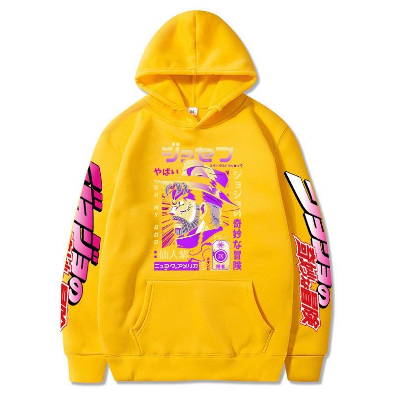 

Горячая аниме JoJo s Bizarre Adventure Joseph Joestar с графическим принтом и капюшоном для мужчин и женщин Свободный свитер Harajuku Мужская толстовка 4XL жёлтый