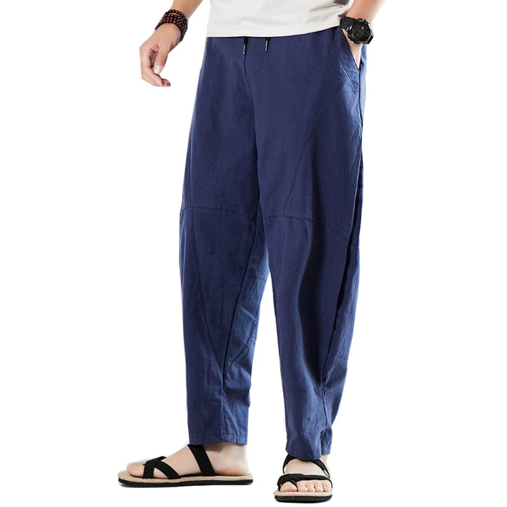 

[Platilive] Men s Linen Sarouel Pants, Oversized Wide Leg Pants, Relaxed Fit, Plus Sizes, Loose Fit, Adjustable Drawstring, Elastic Waist, Navy, Size