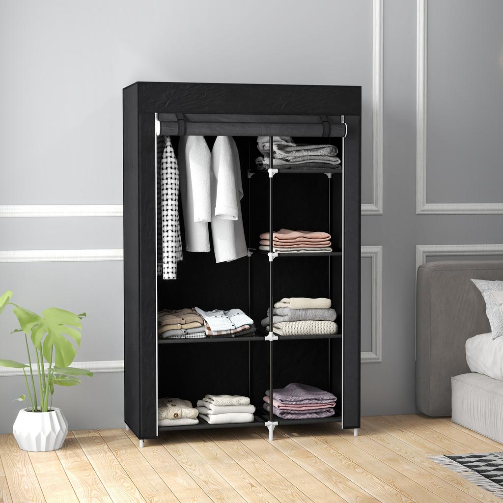 Fabric Wardrobe w/ Shelves Hanging Rail Foldable Wardrobe Black