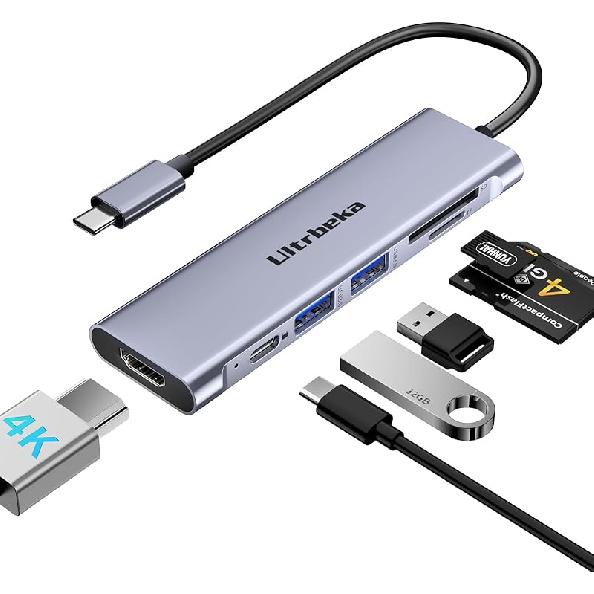 USB C Hub 7-in-1 USB-C Dongle with 4K HDMI Multiport Adapter, 2×Powered USB-A 3.0 5Gbps, 100W PD Charging, TF/SD Card Reader for MacBook Pro/Air and серебряный серый