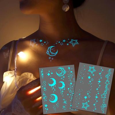 Autocolante cu tatuaj cu lună și stele luminoase albastre pentru femei, design alb, brățară falsă, colier, tatuaje pentru față, piept, braț, mână, deget, tatuaj cu henna