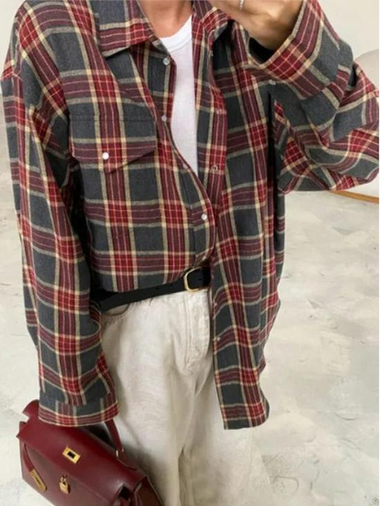 Retro Plaid Loose Lapel Long Sleeve Shirt for Women - Spring & Autumn