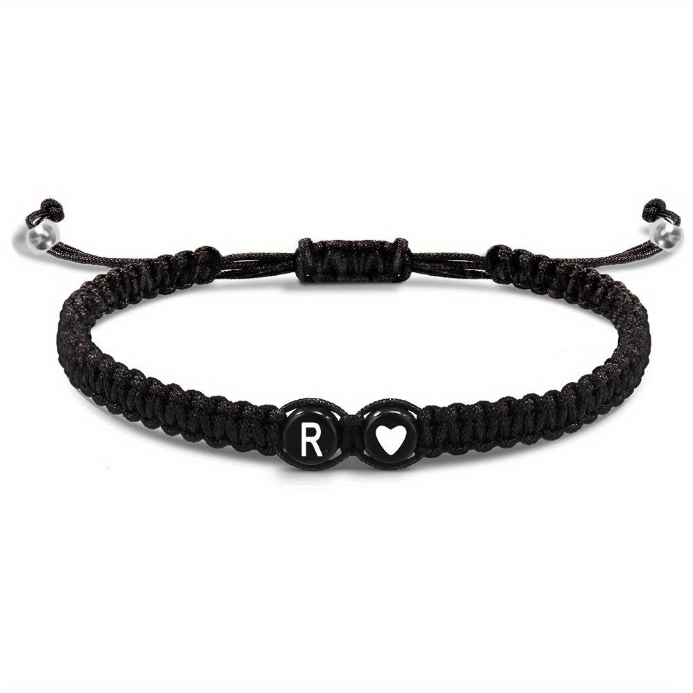 Adjustable Hand-woven Bracelet: Black with White Letter, Heart, Silver Bead - Choose from 26 English Alphabets.