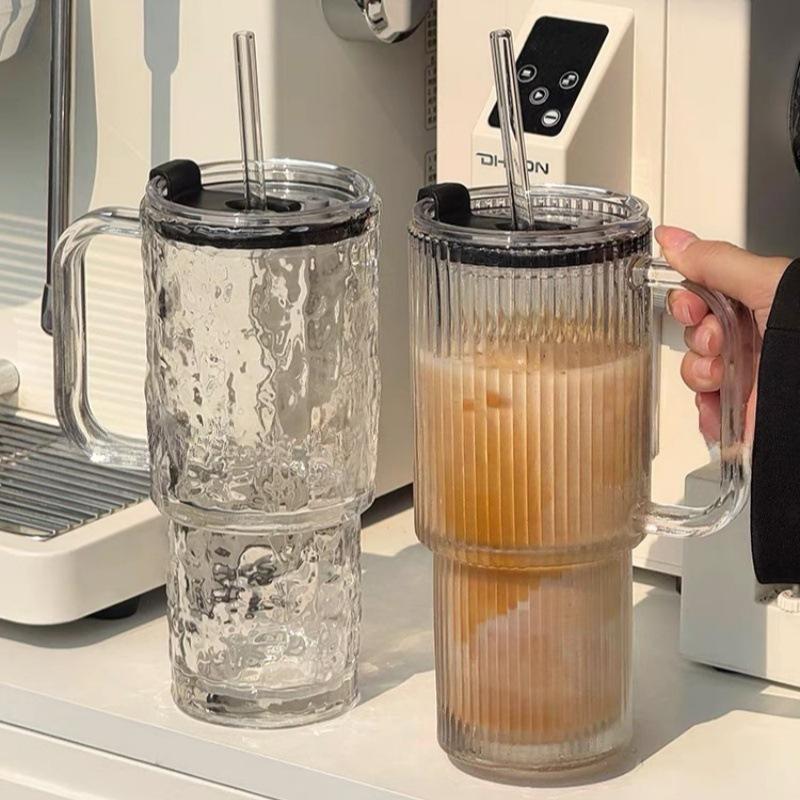 Jumbo Glass Cup with Handle and Lid for Girls: Ideal for Coffee or Water, Featuring Large Capacity and Included Straw