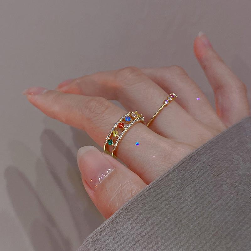 Chic Adjustable Open Ring For Women Featuring Colorful Gemstones And Unique Geometric Design