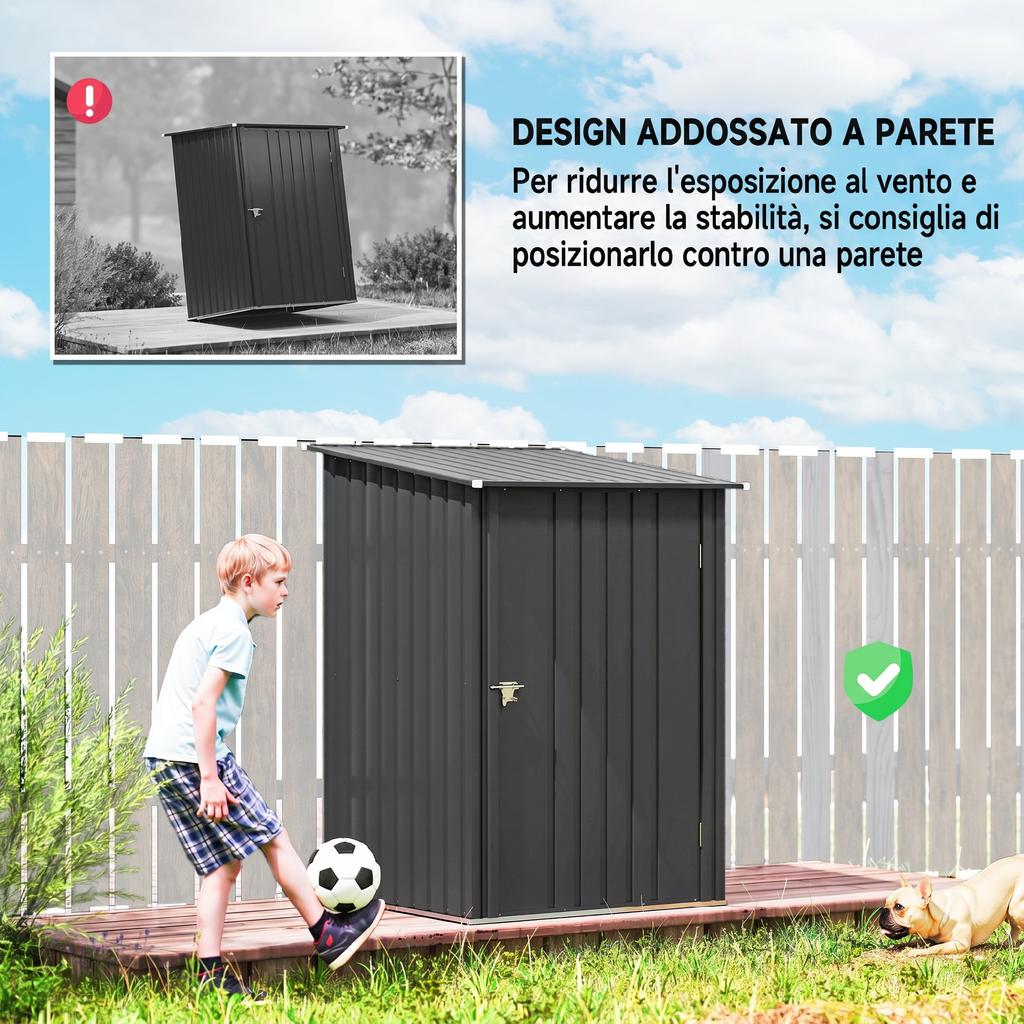 Capanno per attrezzi da giardino in acciaio zincato con porta, 100x104x160 cm, Grigio scuro