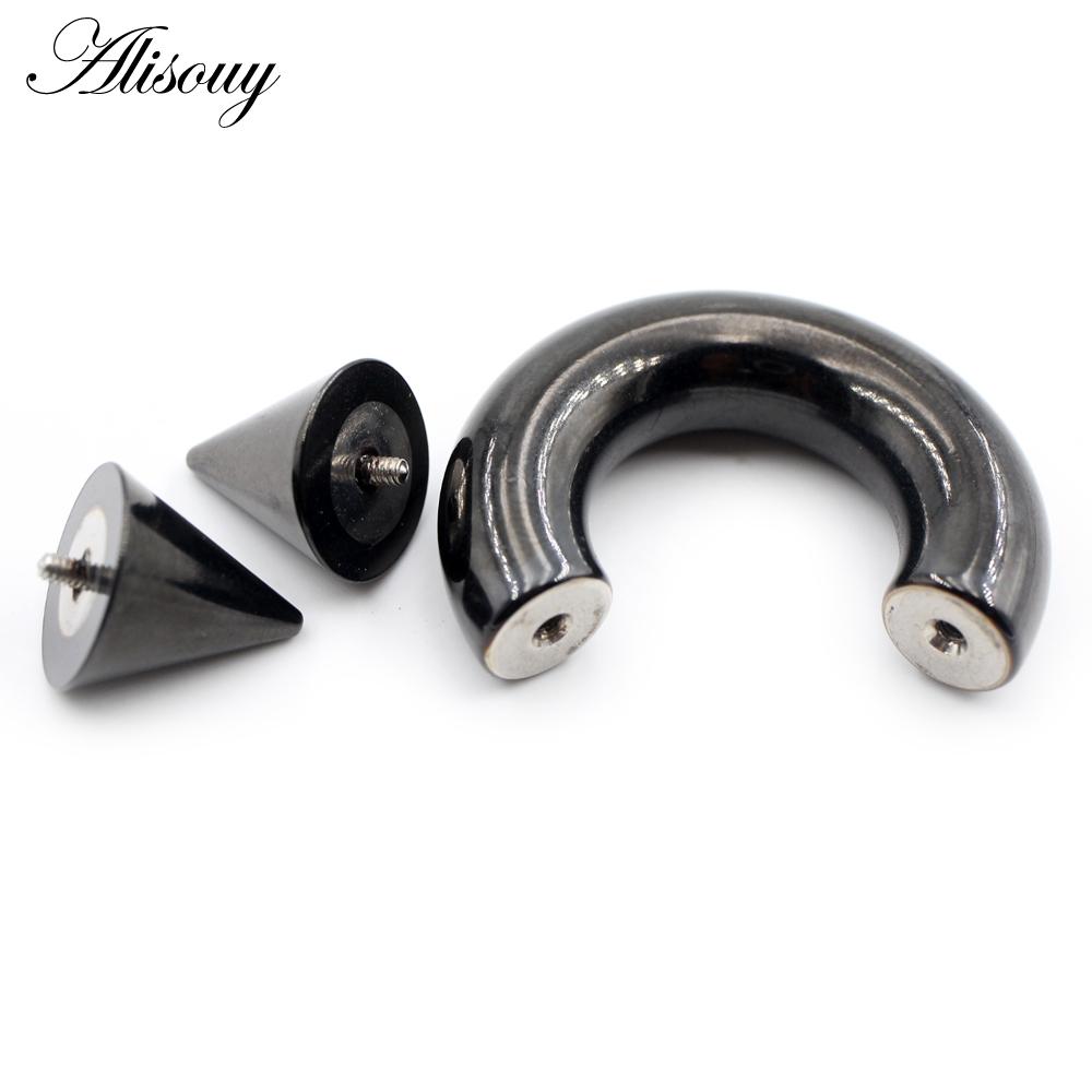 Alisouy 1 Stück Nasenring mit Hufeisen-Spikes, Edelstahlkegel, großes Piercing, Septum-Ohr-Expander-Stecker mit Innengewinde, Schwarz