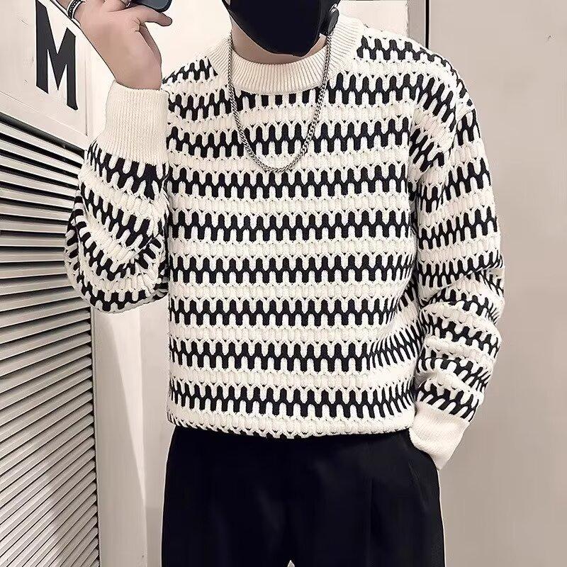 Gestreifter Pullover Herren Herbst und Winter Modemarke Japanischer Stil Retro Lässiger Rundhalspullover