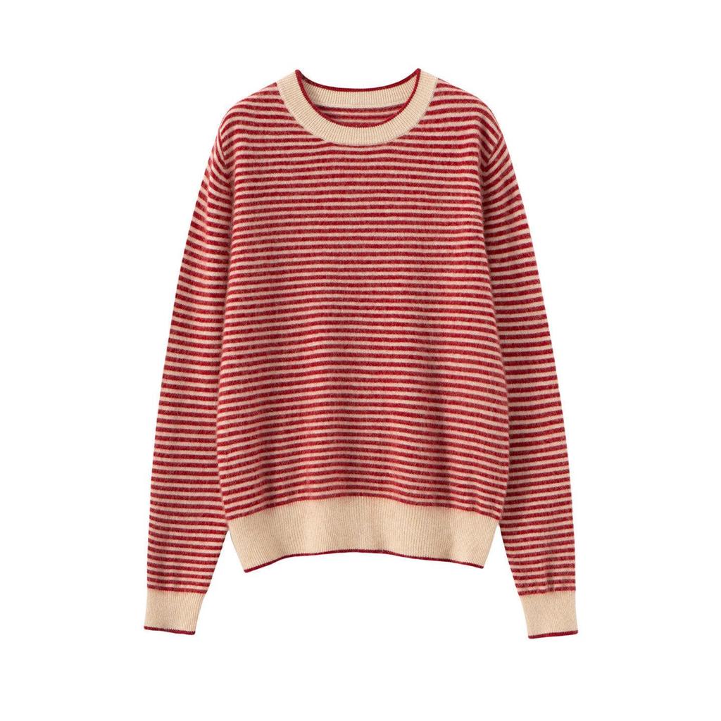 Women's Striped Cashmere Sweater - Long Sleeve, Loose Fit, Round Neck, Versatile Knitwear for Autumn/Winter
