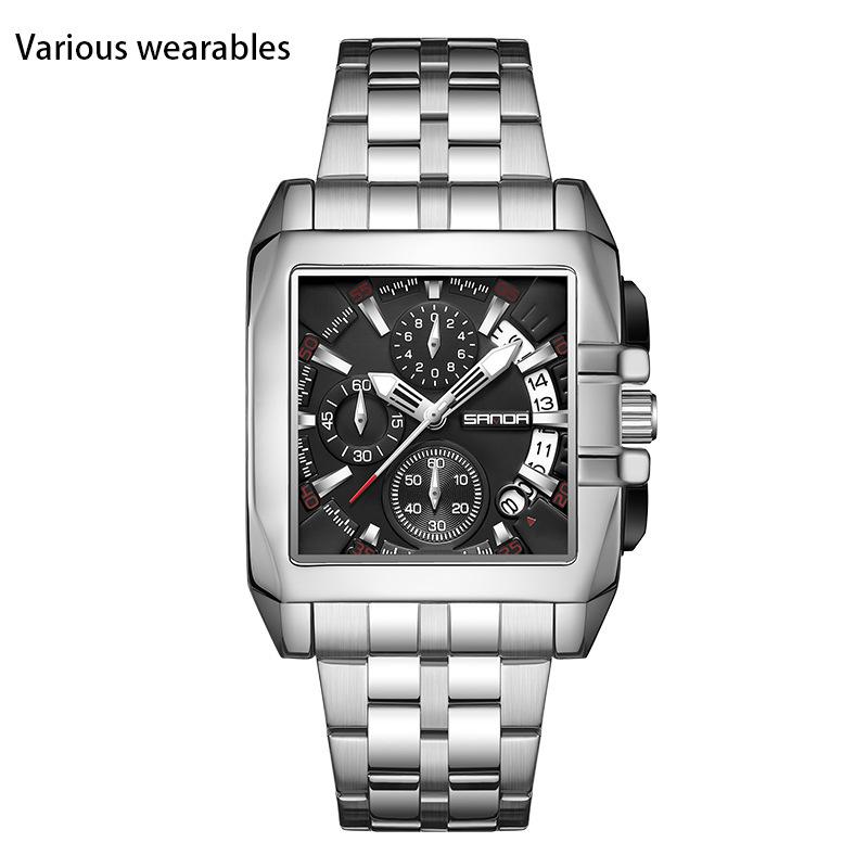 

Новые кварцевые часы Three Eyes Six Needle Fashion Trend с календарем Мужские кварцевые часы со стальным ремешком Square