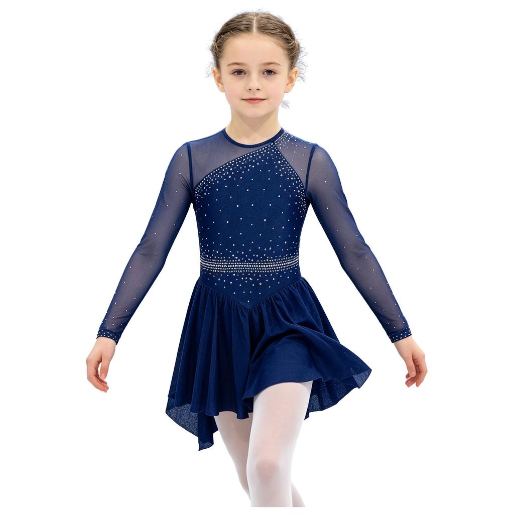 Long Sleeve Cutout Back Asymmetrical Hem Mesh Patchwork Dress with Rhinestones for Girls Figure Skating Competition Stage Show