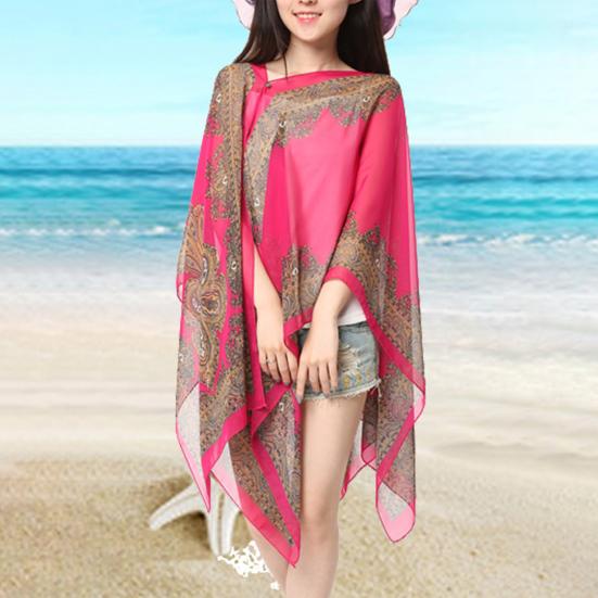 Women Beach Shawl Sun Protection Printing Sunscreen Anti-UV Vintage Beachwear Chiffon Soft Buttons Summer Scarf Clothes Accessories
