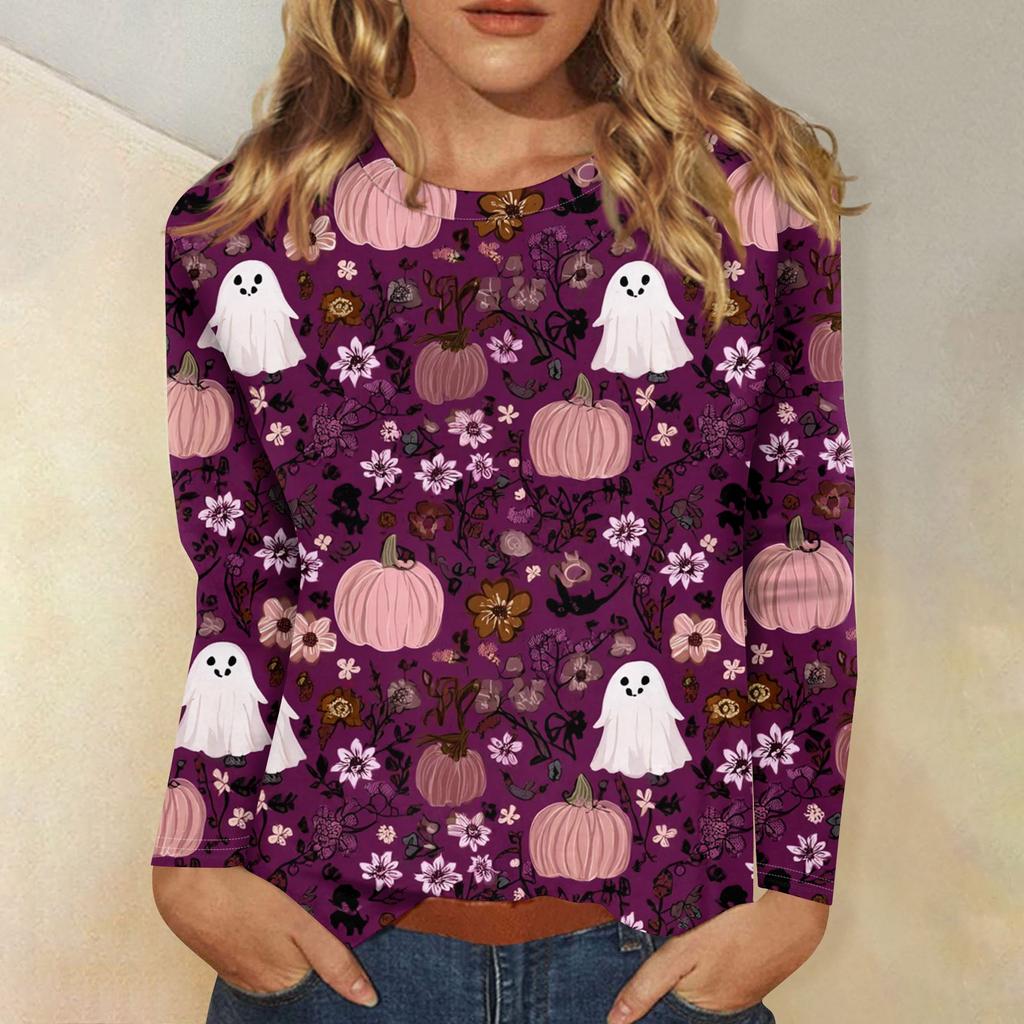 Women's Fashion Casual Halloween Printed Round Neck Long Sleeve Pullover Top