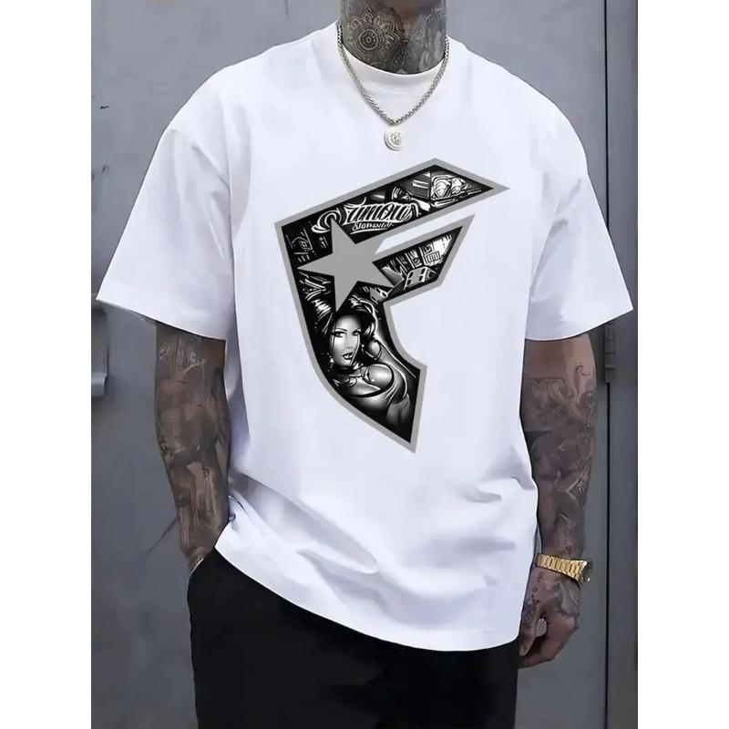 Европейские размеры Белая Оверсайз Большого размера Повседневная футболка с принтом - Смелый Черно-белый Дизайн Буквы  F  со Сложным Узором S белый