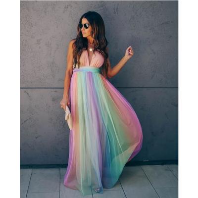 Spring Summer Women's Sexy Deep V Rainbow Mesh Slip Dress, European American Style Casual Party Sundress