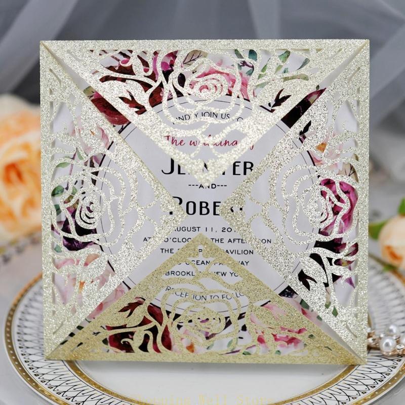 KX4B 20pcs/set Wedding Invitations Cards Glitter Rose Flower Greeting Card Invite Envelopes Bridal Shower Supplies