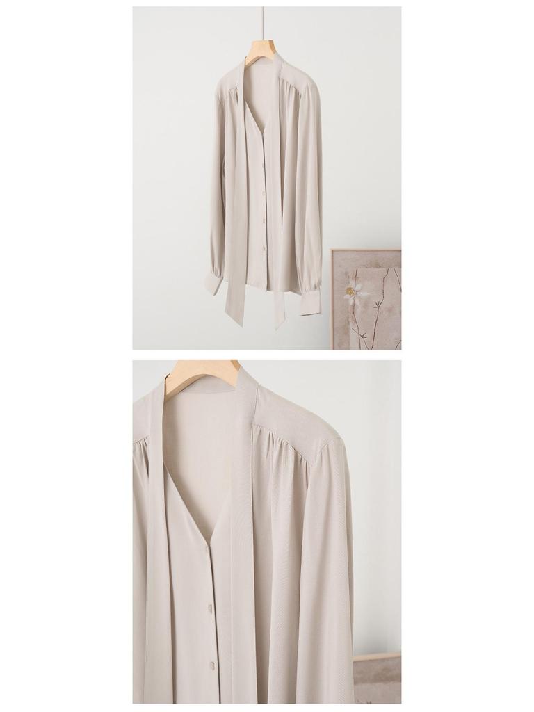 Rong Tai Women's Elegant French Ribbon Long Sleeve V-Neck Chic Shirt - Spring 2026 Collection