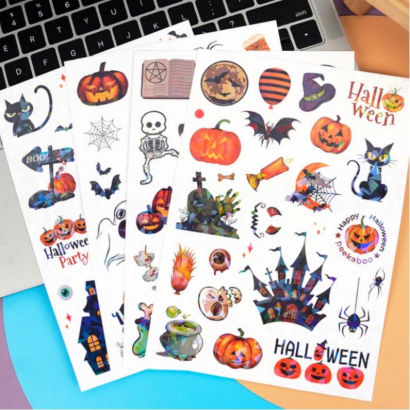 4pcs/setHalloween Laser Pumpkin Stickers Glitter Skull Bat Spider Party Favors Water Cup Laptop Skateboard Guitar Suitcase Decor