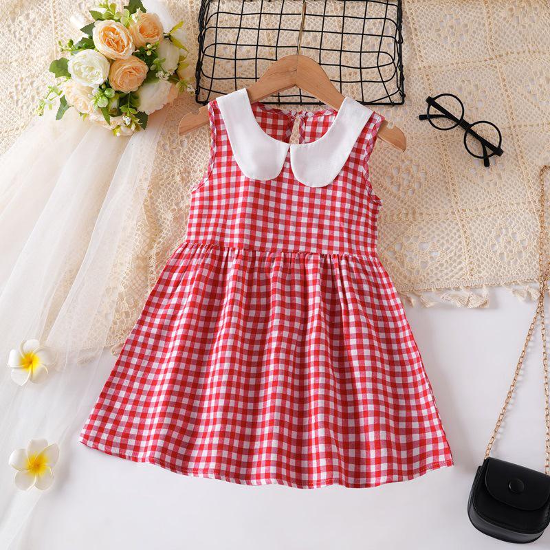 Ärmelloses Mädchen-Prinzessinkleid mit Peter-Pan-Kragen aus bedrucktem Baumwollleinen