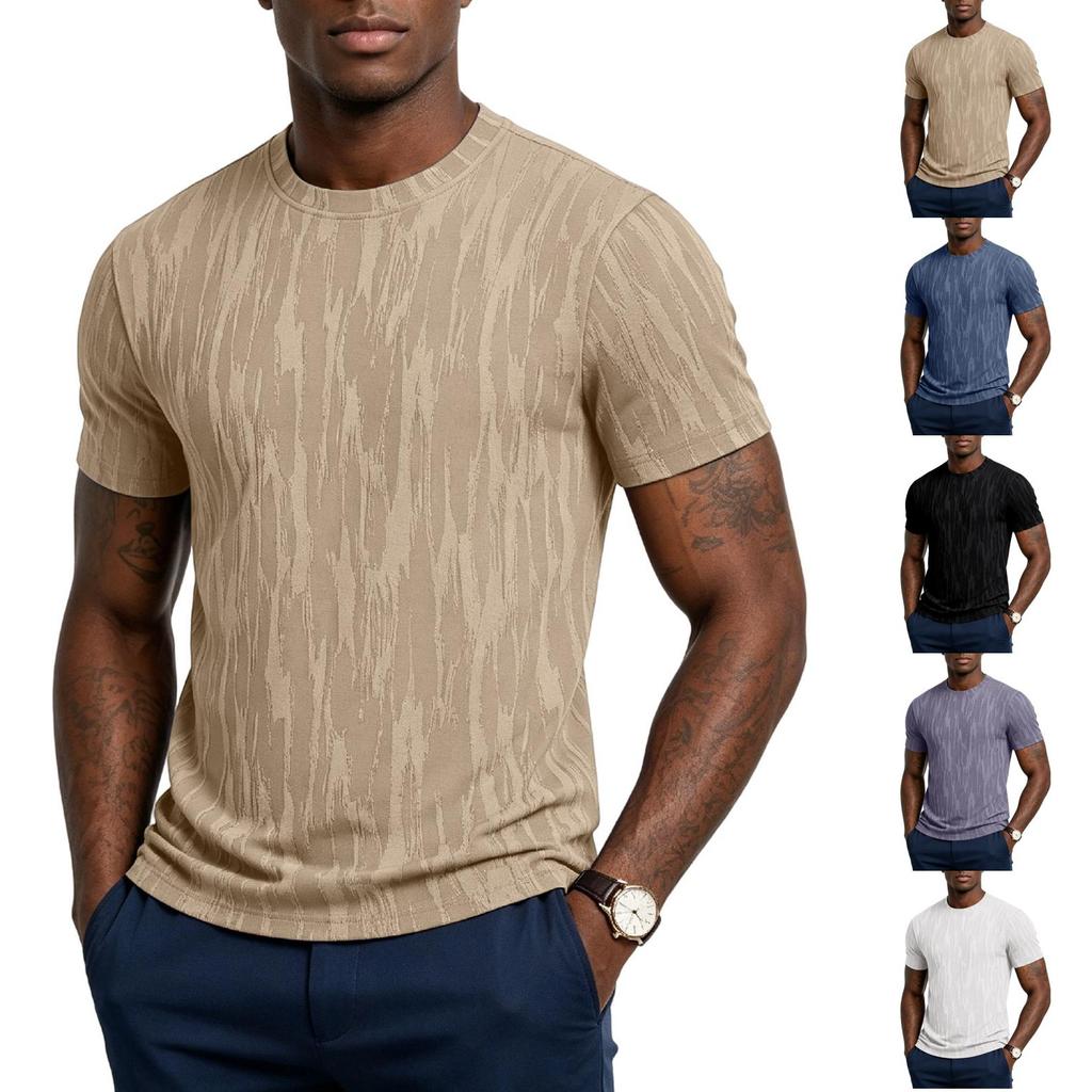 Men's Striped Texture Quick-Dry Short-Sleeved T-Shirt - Men's Retro Round-neck Lightweight Breathable Cool-Feeling Sports Casual Shirt