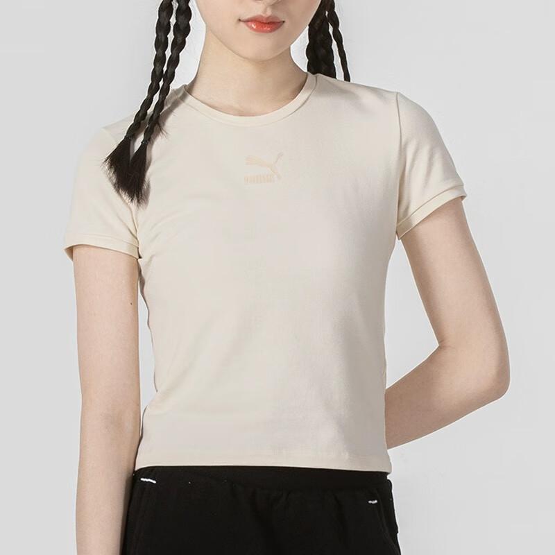 Puma Solid Color Short Sleeve Cool Comfortable Breathable Sports Casual Simple Round Neck T-Shirt Women Tops Beige 673508-99
