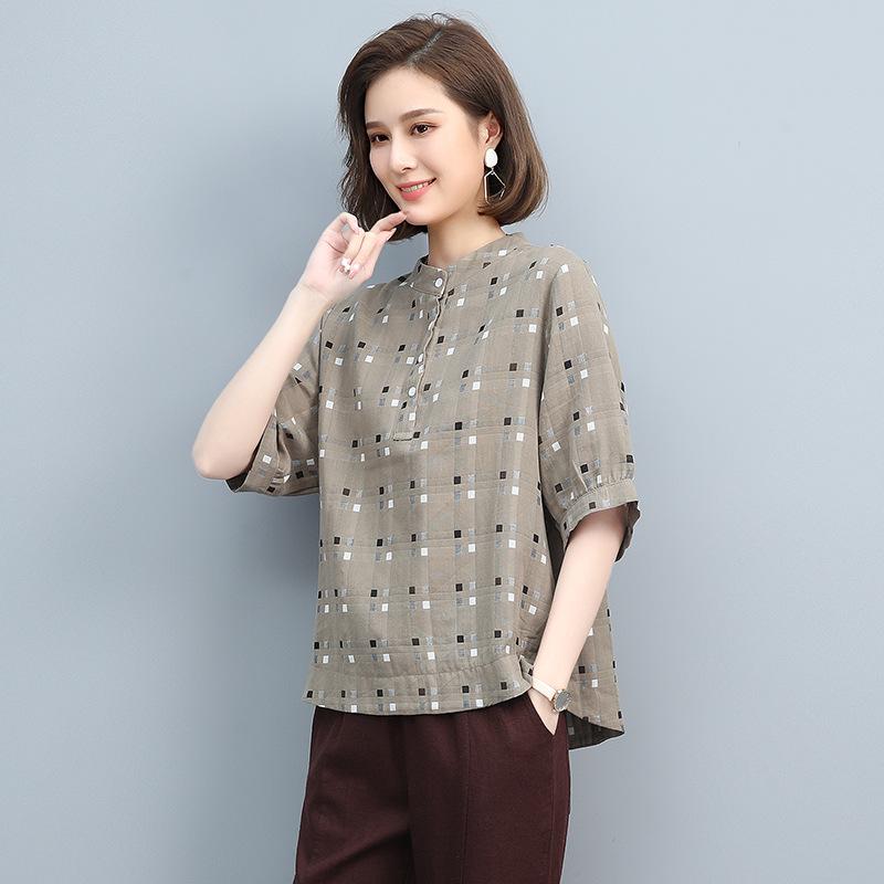 

Женский летний топ в клетку из хлопка с рукавом до середины предплечья свободного кроя, 2025 Medium