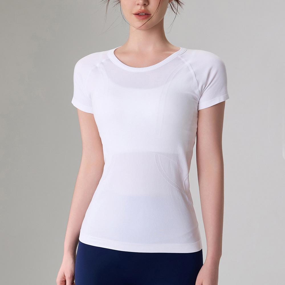 Women's Bare-Feel Yoga Top: Round Neck, Short Sleeve, Stretchy, Breathable, Seamless, Slim Fit for Pilates and Running.