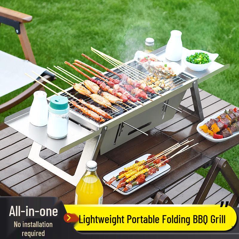 Compact Stainless Steel Outdoor Charcoal BBQ Grill with Skewer Rack and One-Second Folding Design