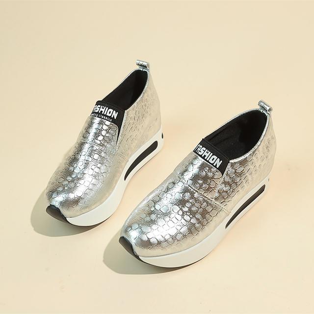 Silver Sneakers Woman Plus Size 42 Slip On Casual Shoes Patent Leather Platform Loafers Shoes for Women  Spring Light Gold