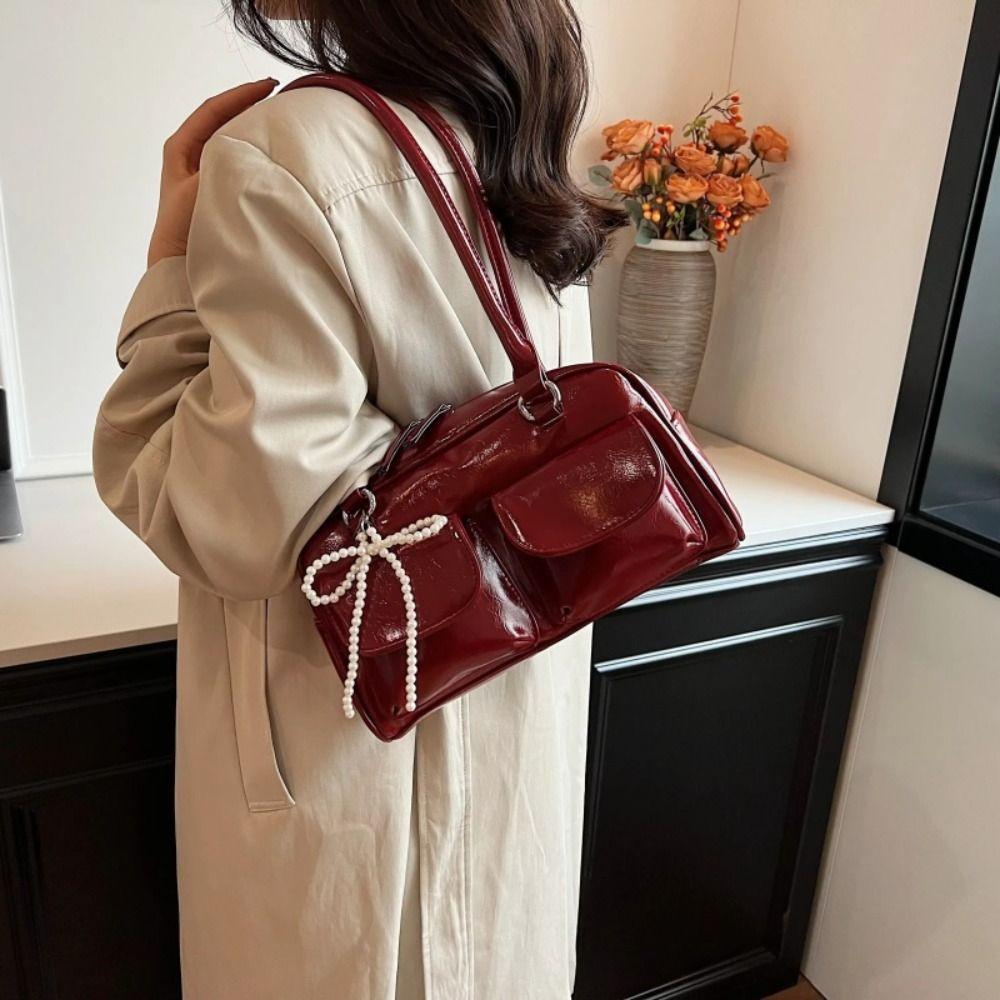 Handbag PU Bowling Bag Solid Color Underarm Bag Mini Pocket Boston Tote Bag Travel