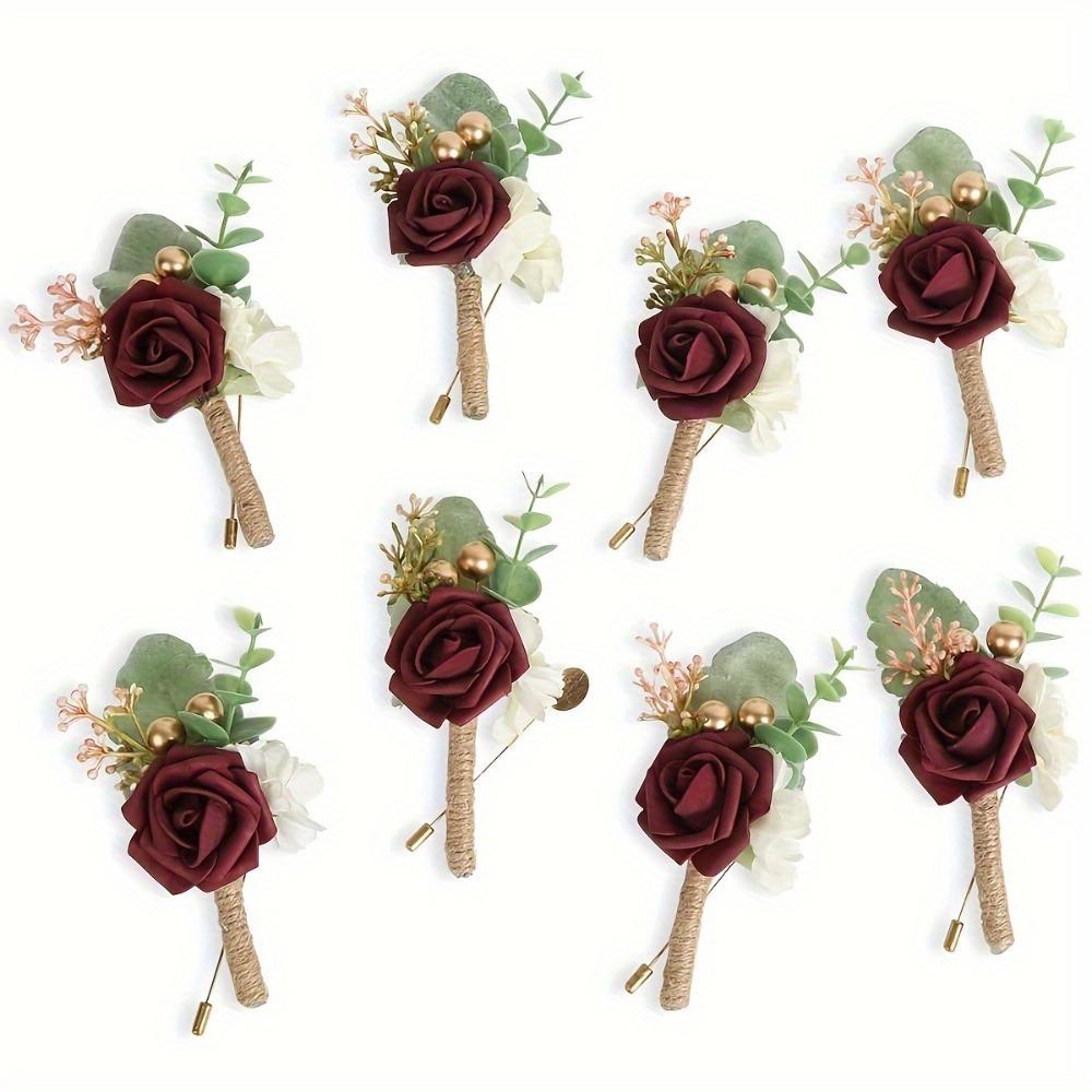 Set of 8 Rose Boutonniere for Men Wedding with Pins Groom Artificial Flower Boutonniere for Wedding Ceremony Formal Dinner Party Prom Flowers