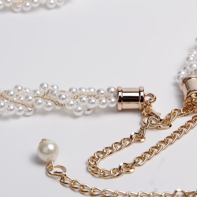 Ladies Thin Waist Chain, Dress Decorative Waist Chain, White Pearl Woven Belt, Rhinestone Waist Chain.