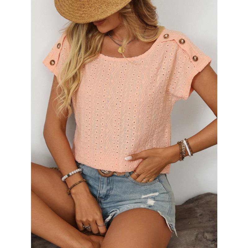 Women's Spring and Summer New Solid Colour Round Neck Button Short-sleeved T-shirt Hollowed Out Tops