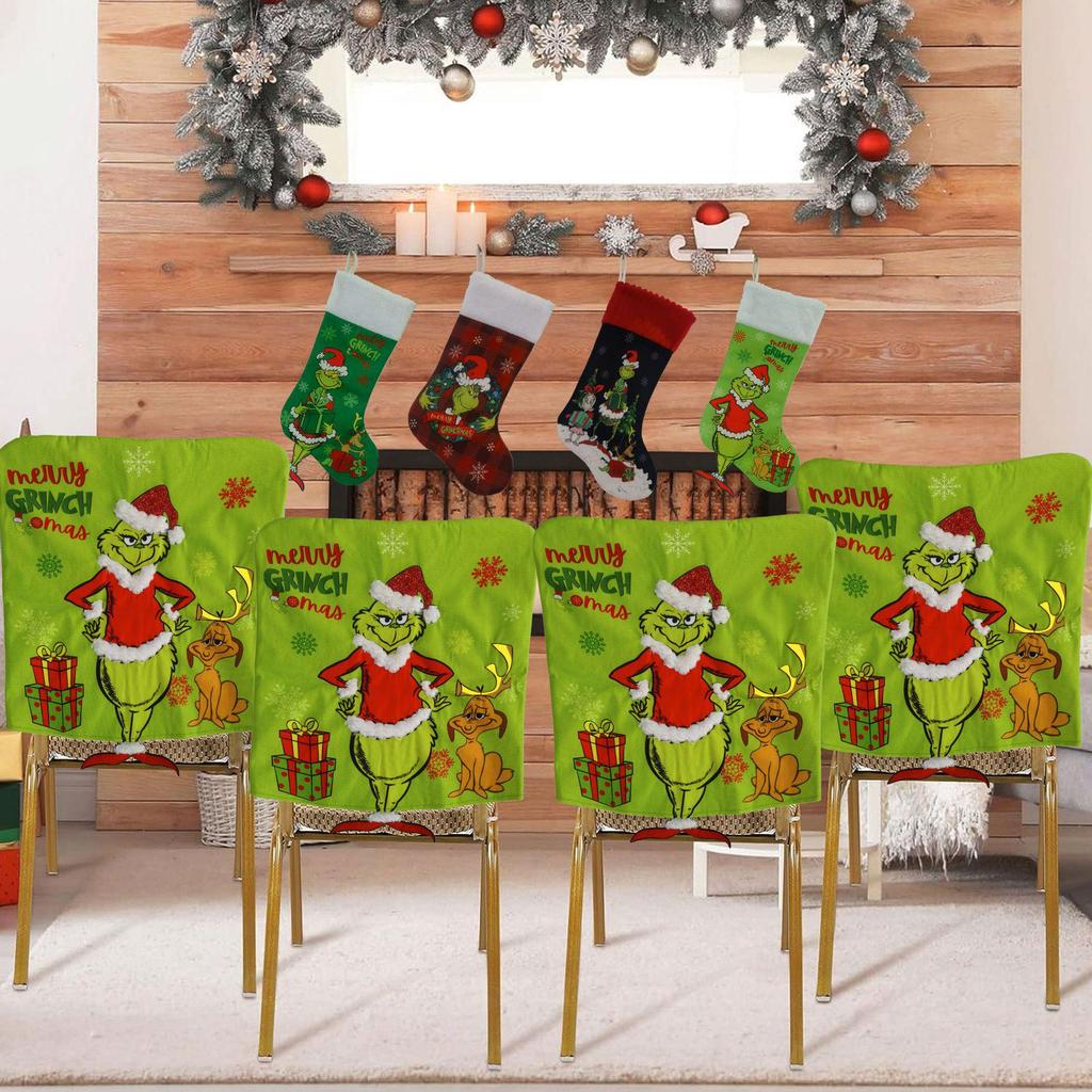 Grinch Chair Back Covers: Christmas Table Decorations Set
