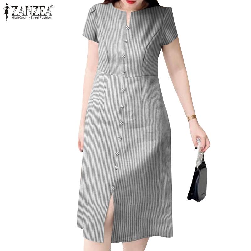 ZANZEA Damen Sommer Rundhals Kurzarm Casual Streifen Kleid